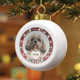 Plaid Shih Tzu Pet Photo Dad Mum Christmas Holiday Ceramic Ball Christmas Ornament