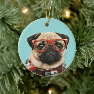 Plaid Shirt Pug Ceramic Ornament