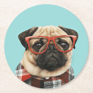 Plaid Shirt Pug Round Paper Coaster