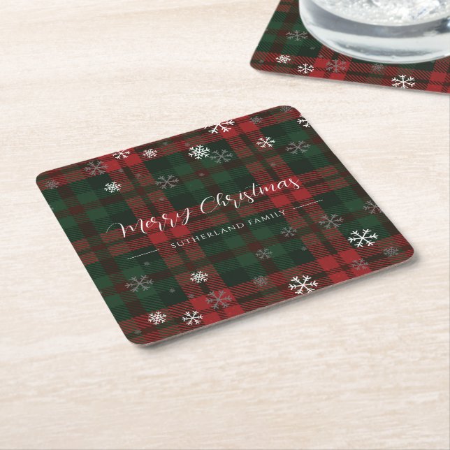 Plaid Snowflakes Pattern Personalised Winter Square Paper Coaster (Angled)