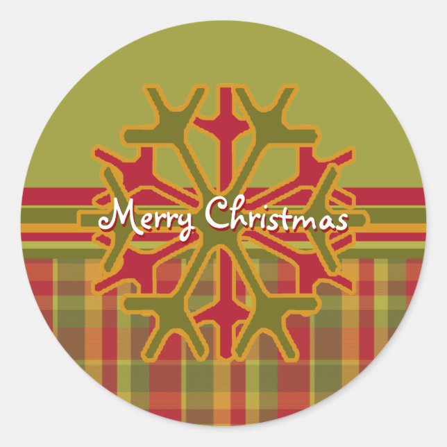 Plaid & Stripes Snowflake Sticker  Red Green Tan (Front)