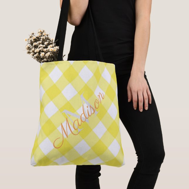Plaid Summer Yellow Cute Girly Name Monogram Tote Bag (Close Up)
