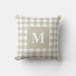 Plaid Tan and White Gingham Pattern with Monogram Cushion