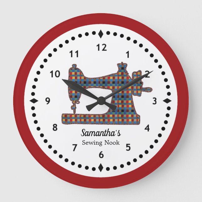 Plaid Tapestry Sewing Machine Large Clock (Front)