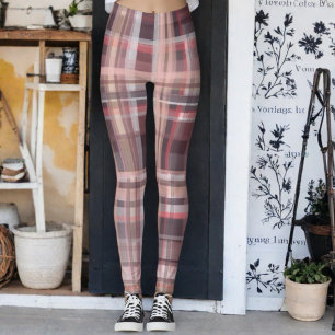 Plaid tartan burgundy red peach pink check stripes leggings