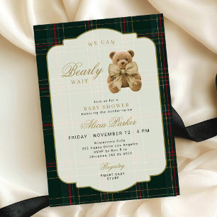 Plaid tartan elegant preppy teddy bear baby shower invitation