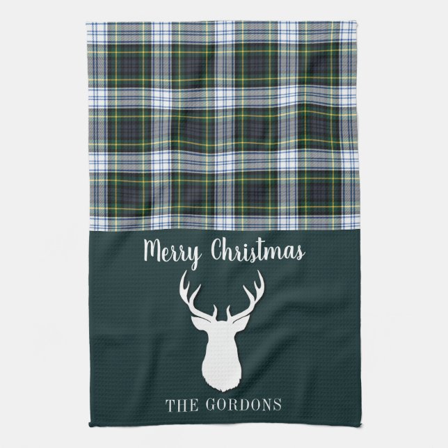 Plaid Tartan Green White Antlers Christmas Family Tea Towel (Vertical)