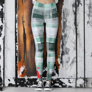 Plaid tartan green white monogrammed red festive leggings