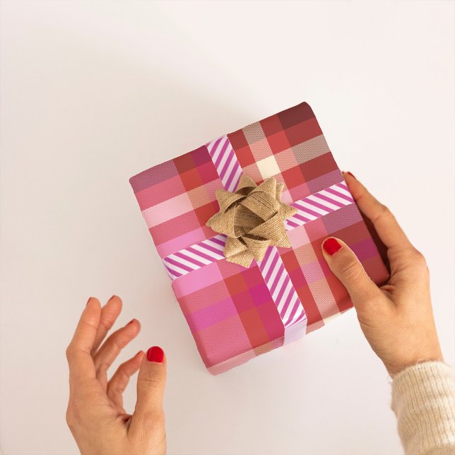 Plaid Tartan Modern Christmas hot pink, salmon Wrapping Paper (Creator Uploaded)