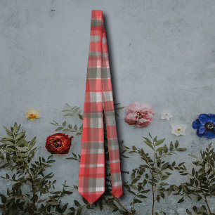 Plaid tartan red grey taupe abstract check  tie