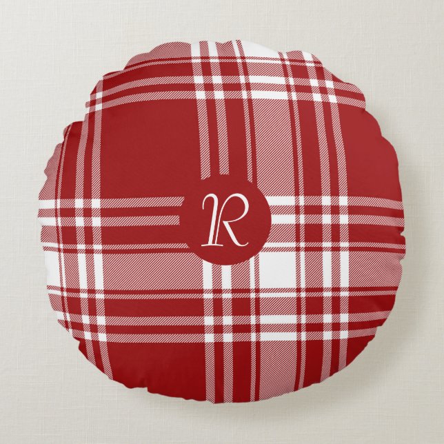 Plaid Tartan Red White Monogram Holiday Christmas Round Cushion (Front)