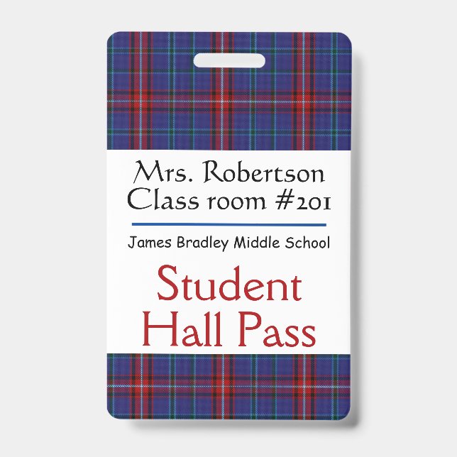 Plaid Teachers Bathroom / Hall Pass Badge ID Badge (Front)
