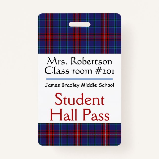 Plaid Teachers Bathroom / Hall Pass Badge ID Badge (Front)
