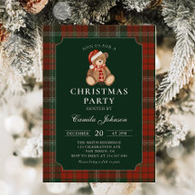Plaid Teddy Bear Christmas Party Invitation