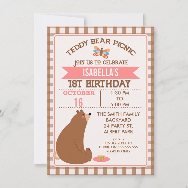 Plaid Teddy Bear Picnic 1st Birthday Invitation (Front)