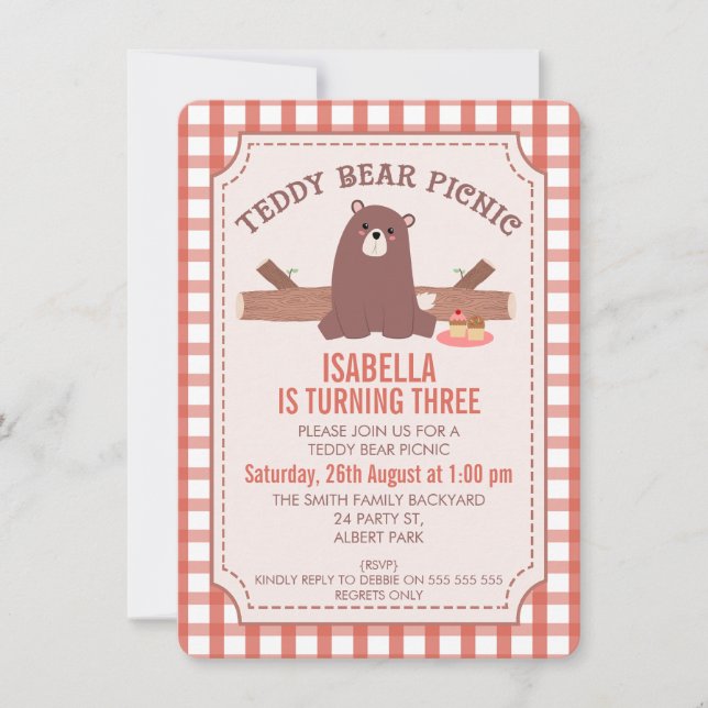 Plaid Teddy Bear Picnic Birthday Invitation (Front)