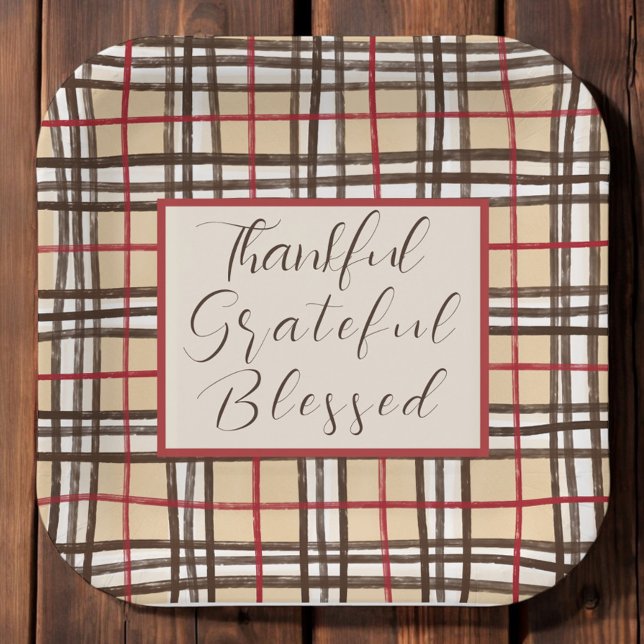 Plaid Thanksful Grateful Blessed  Paper Plate (Creator Uploaded)