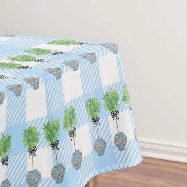 Plaid Topiaries Blue and White Ginger Jar Tablecloth (In Situ)