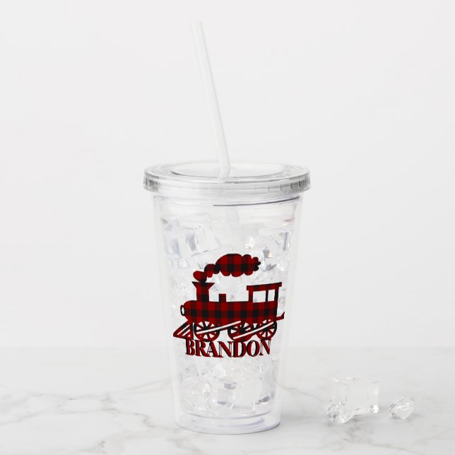 Plaid train personalised  acrylic tumbler (Front Ice)