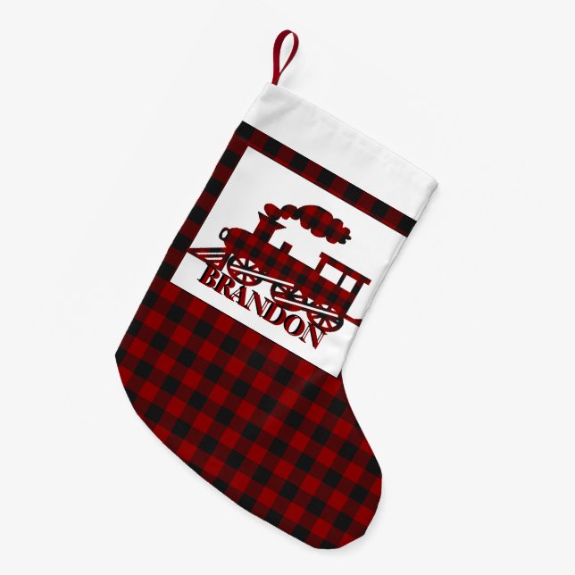 Plaid train personalised  small christmas stocking (Front (Hanging))