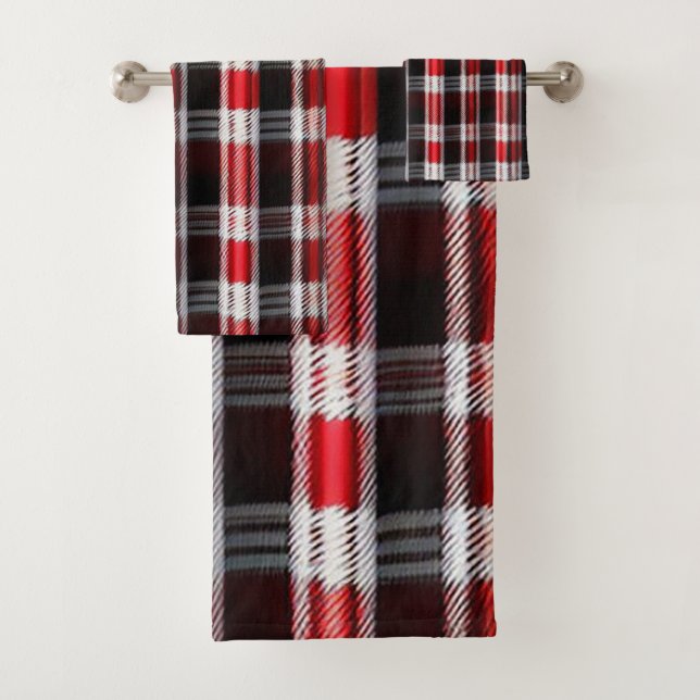 Plaid Trendy Abstract Red Black Collection Bath Towel Set (Insitu)