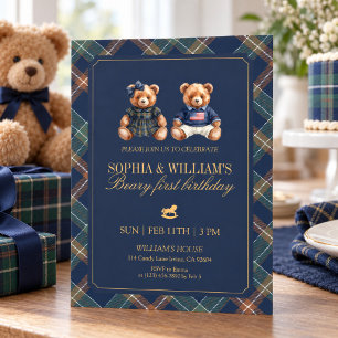 Plaid Twins Teddy Navy Tartan Bear 1st Birthday Invitation