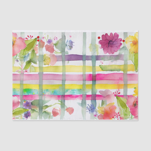 Plaid Watercolor Purple Green Floral Decoupage Tissue Paper (Front)