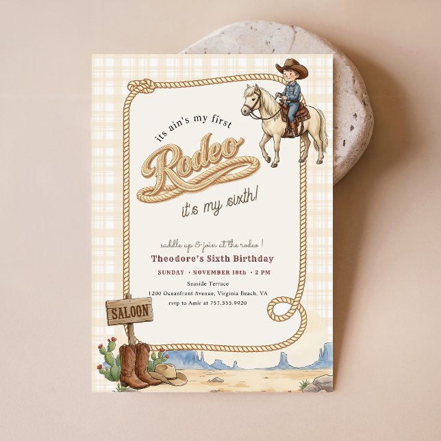 Plaid Western Desert Cowboy Rodeo 6th Birthday Invitation (Creator Uploaded)
