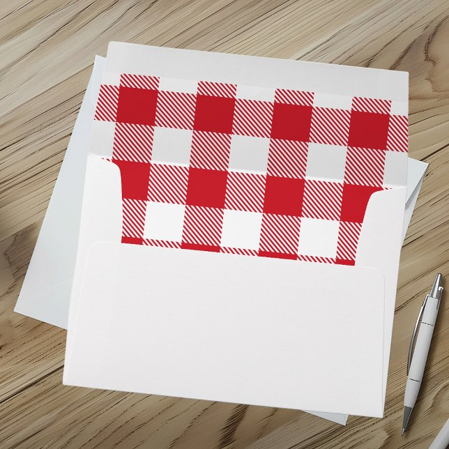 Plaid White Red Gingham Check Rustic Holiday Envelope (Red and White Interior Gingham Envelope)