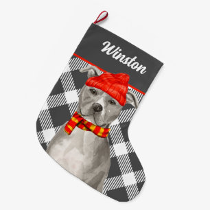 Plaid with a Gray Pit Bull and Dog's Name Large Ch Christmas Stocking