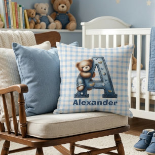 Plaid With Denim Monogram Teddy Bear Cushion