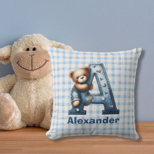 Plaid With Denim Monogram Teddy Bear Cushion