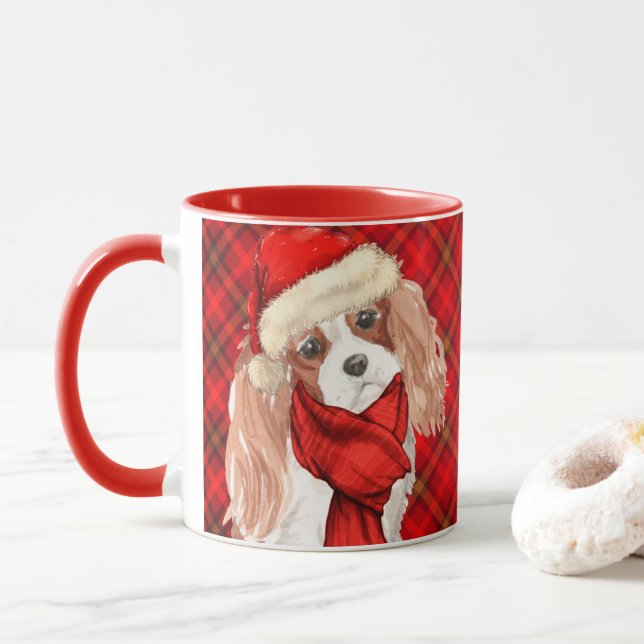 Plaid with King Charles Spaniel Christmas Dog Mug (With Donut)