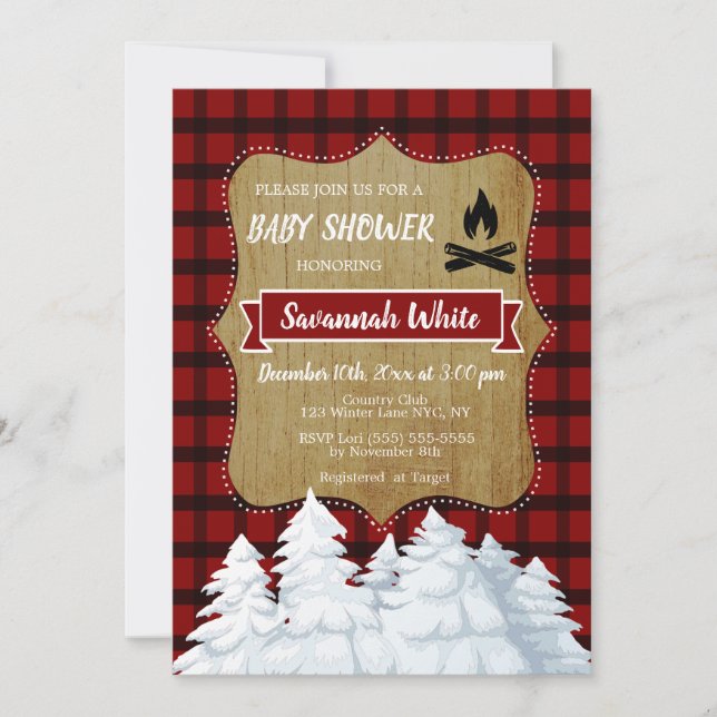 Plaid Woodland Winter Baby Shower, Rustic Forest Invitation (Front)