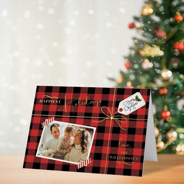 Plaid Wrapped Christmas Present With Photo Real Foil Greeting Card (Creator Uploaded)