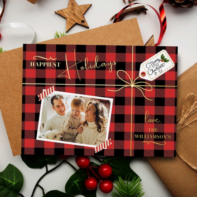Plaid Wrapped Christmas Present With Photo Real Foil Holiday Card (Creator Uploaded)