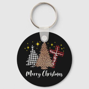 Plaid Xmas Tree Christian Cross Jesus Merry Christ Key Ring