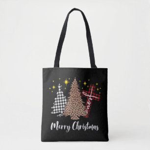Plaid Xmas Tree Christian Cross Jesus Merry Christ Tote Bag