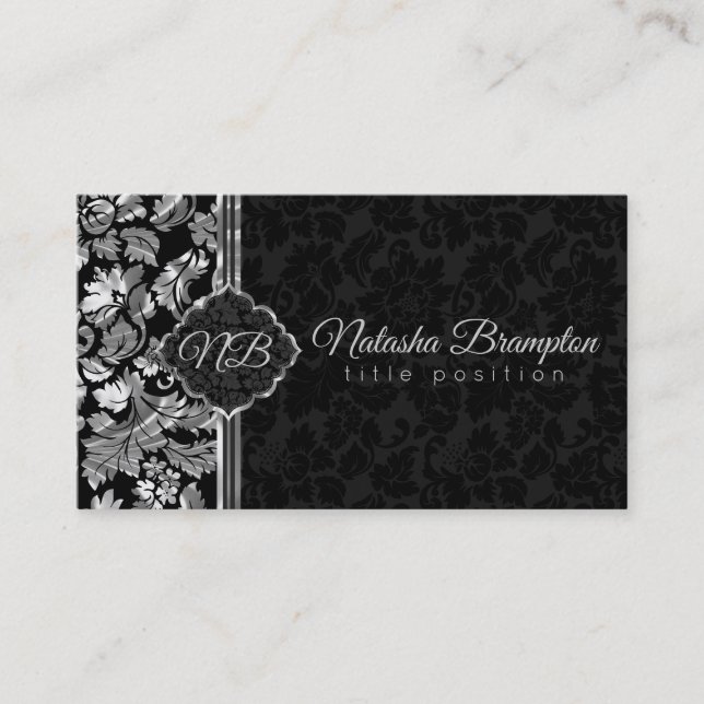 Plain Black And Silver Damasks Business Card (Front)