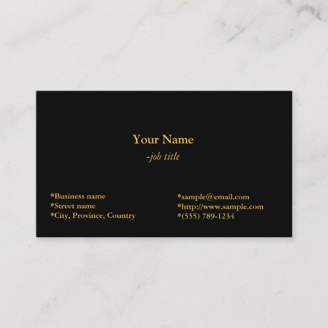 plain, black business card with golden font (Front)