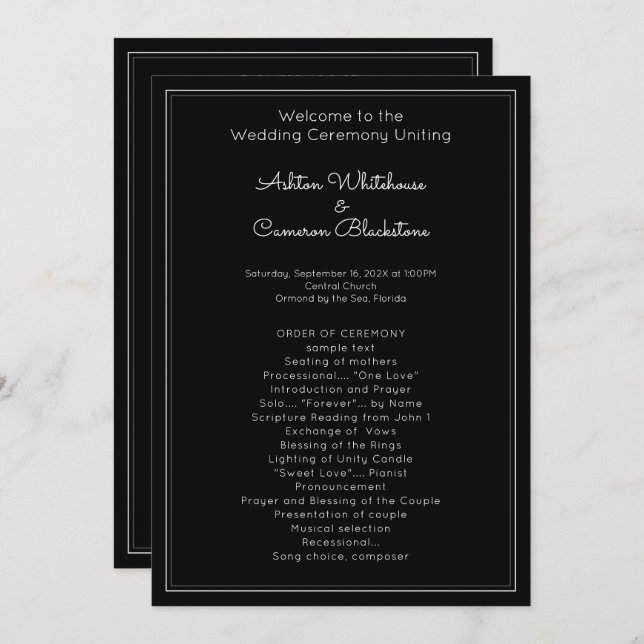 Plain Black Simple Wedding Program Template (Front/Back)
