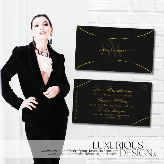 Plain Black with Gold Decor and Monogram Stylish Business Card (Creator Uploaded)