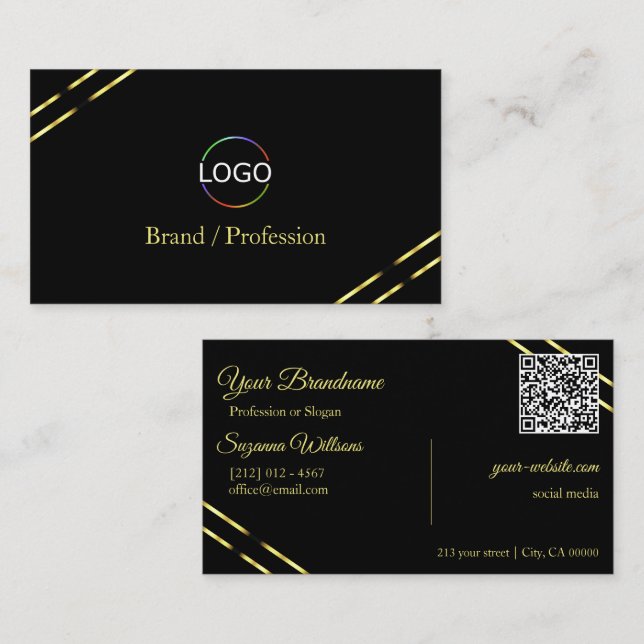 Plain Black with Gold Lines Logo and QR Code Business Card (Front/Back)