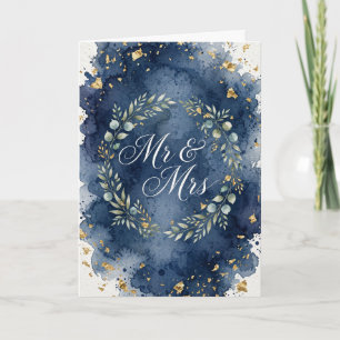 Plain blue and gold Mr and Mrs wedding card