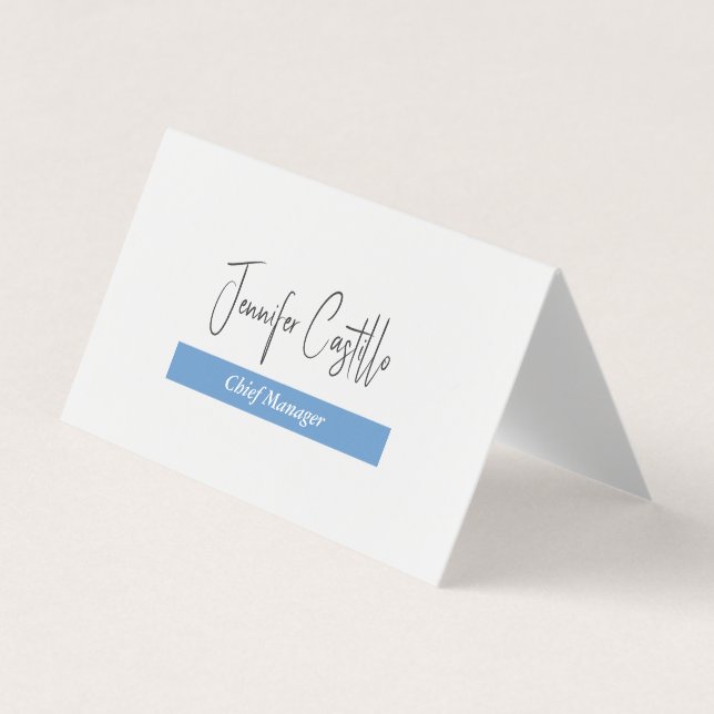 Plain Blue Black White Minimalist Calligraphy Business Card (Front)