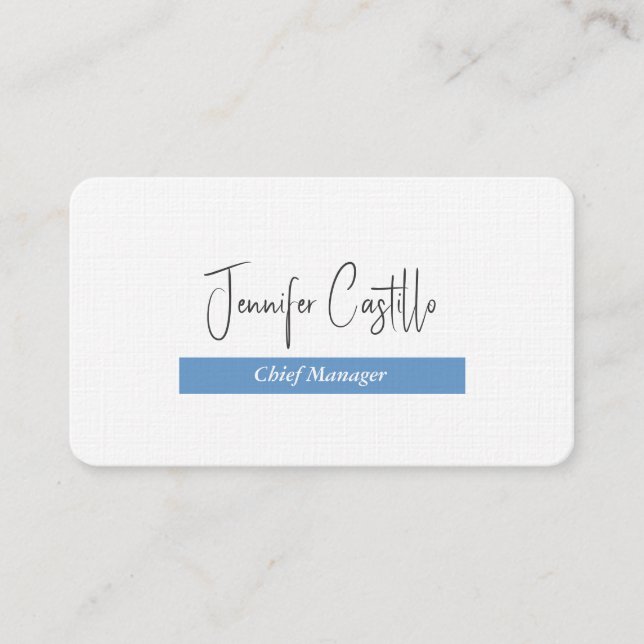 Plain Blue Black White Minimalist Calligraphy Business Card (Front)