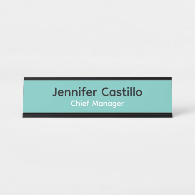 Plain Blue Black White Minimalist Modern Desk Name Plate (Front)