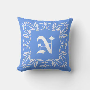Plain Carolina blue background Damask Monogram Cushion
