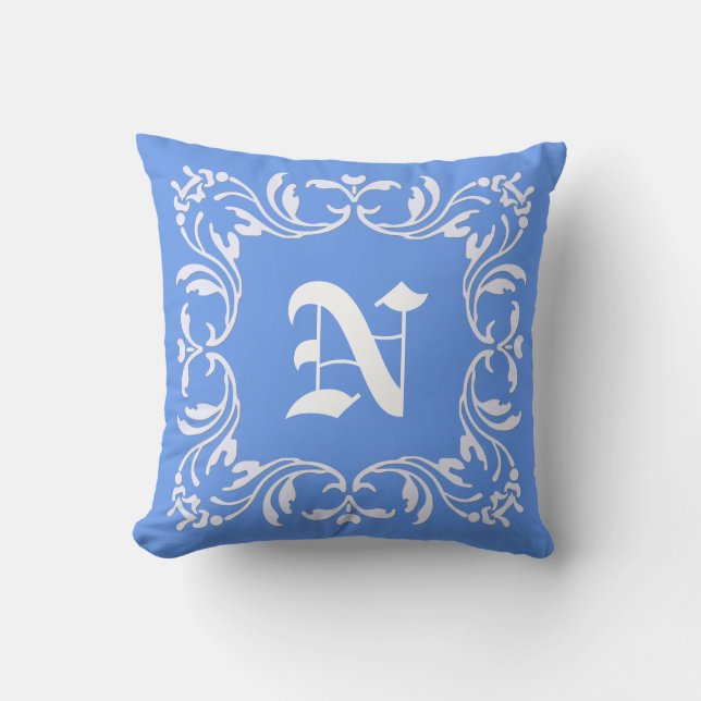 Plain Carolina blue background | Damask Monogram Cushion (Front)