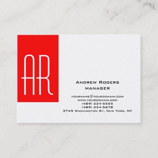 Plain chubby modern white red stripe monogram business card (Front)